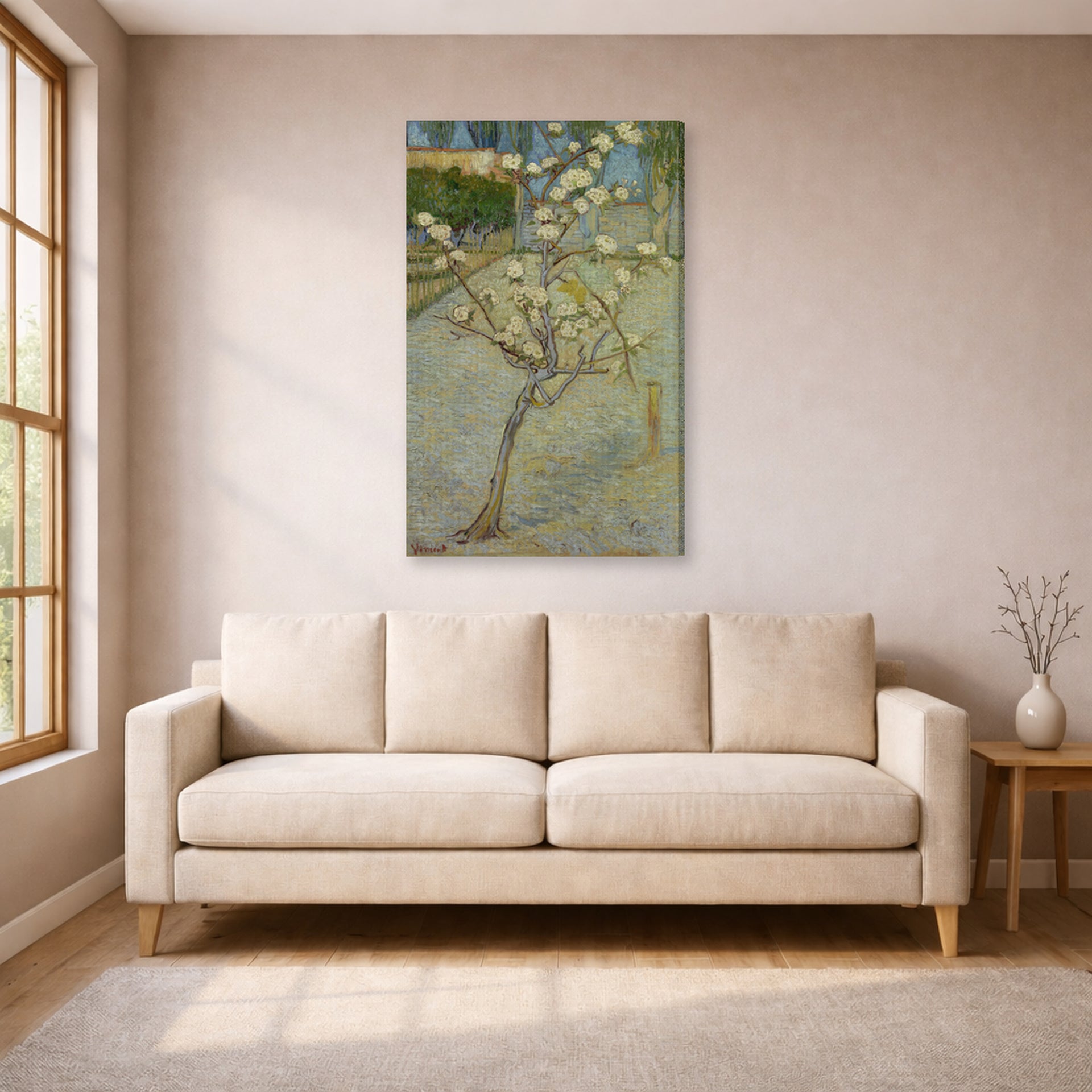 Gallery-wrapped canvas print of Vincent van Gogh's Small Pear Tree in Blossom displayed on a wall in a living room