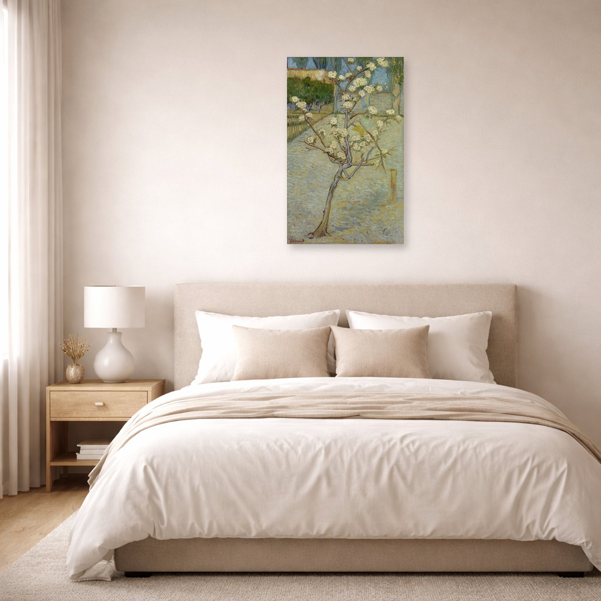 Unframed poster print of Vincent van Gogh's Small Pear Tree in Blossom displayed on a wall in a bedroom