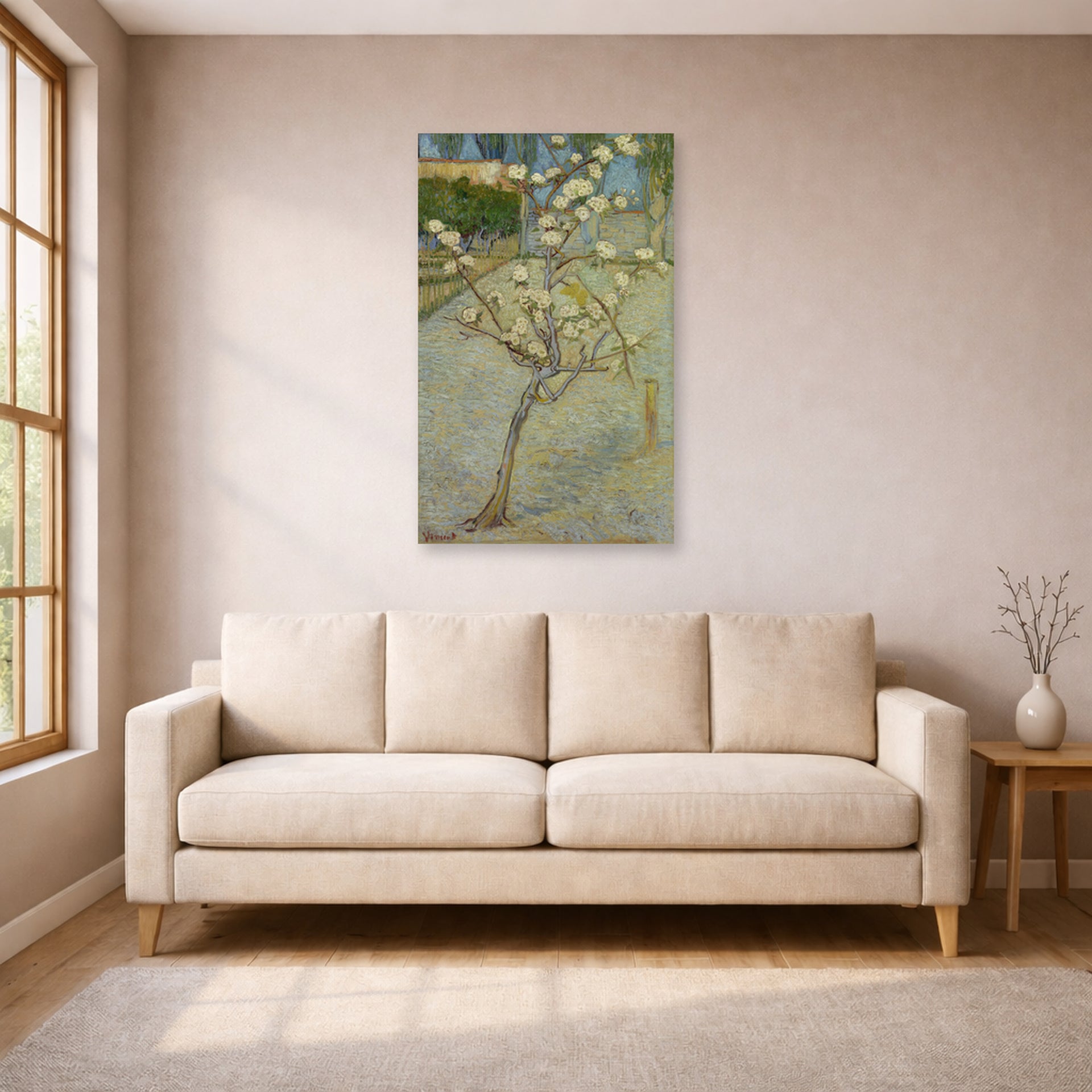 Unframed poster print of Vincent van Gogh's Small Pear Tree in Blossom displayed on a wall in a living room
