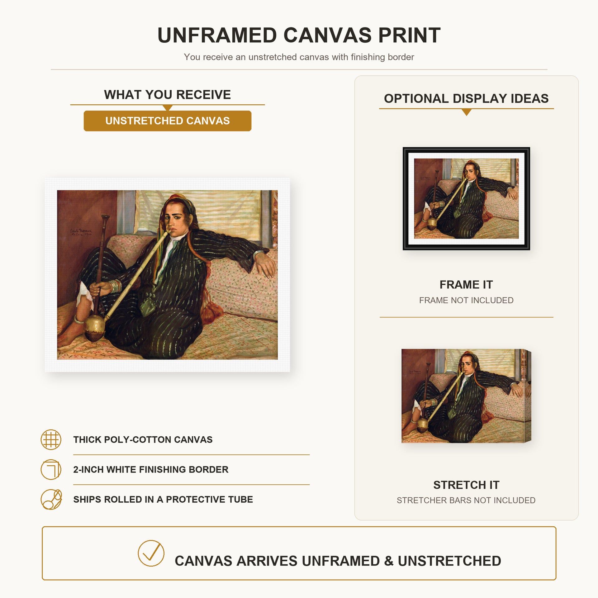 Vincent van Gogh - Smoking Hashish canvas print size comparison and framing display infographic
