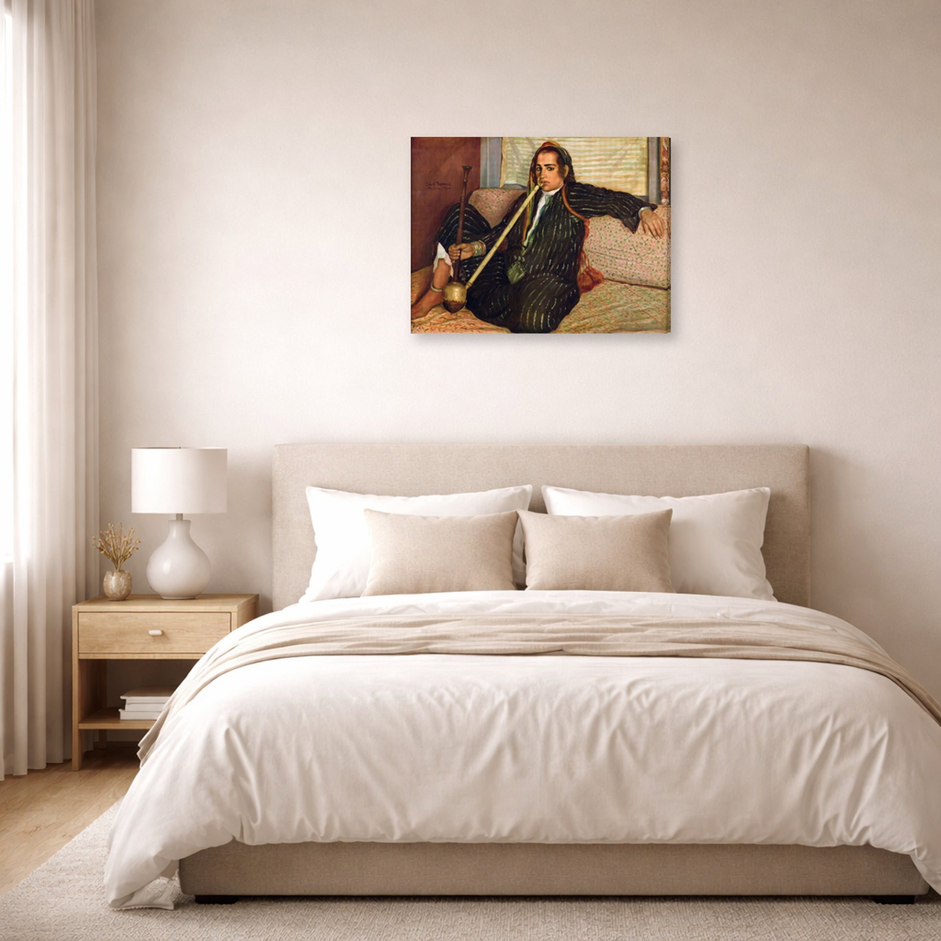 Gallery-wrapped canvas print of Vincent van Gogh's Smoking Hashish displayed on a wall in a bedroom