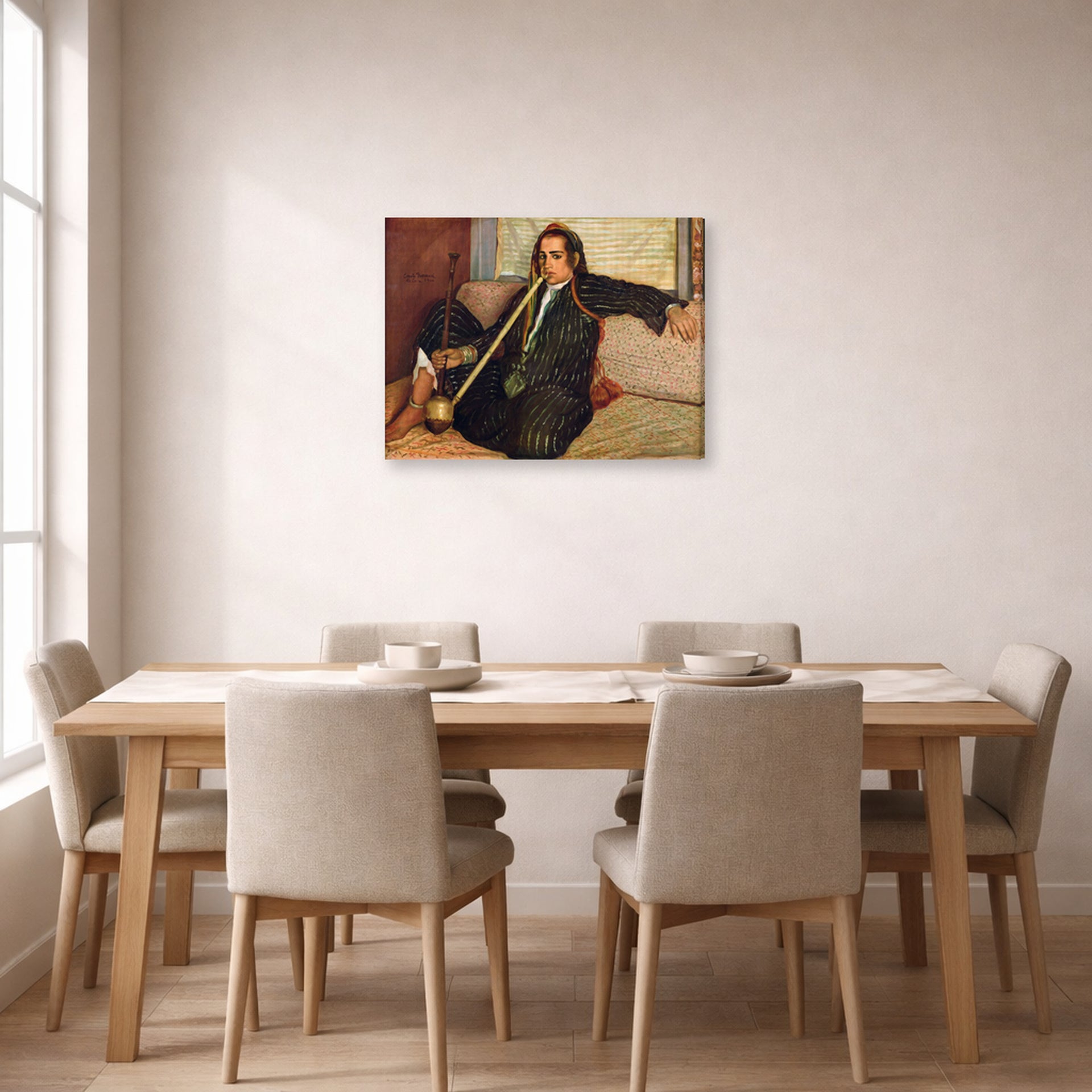 Gallery-wrapped canvas print of Vincent van Gogh's Smoking Hashish displayed on a wall in a dining room