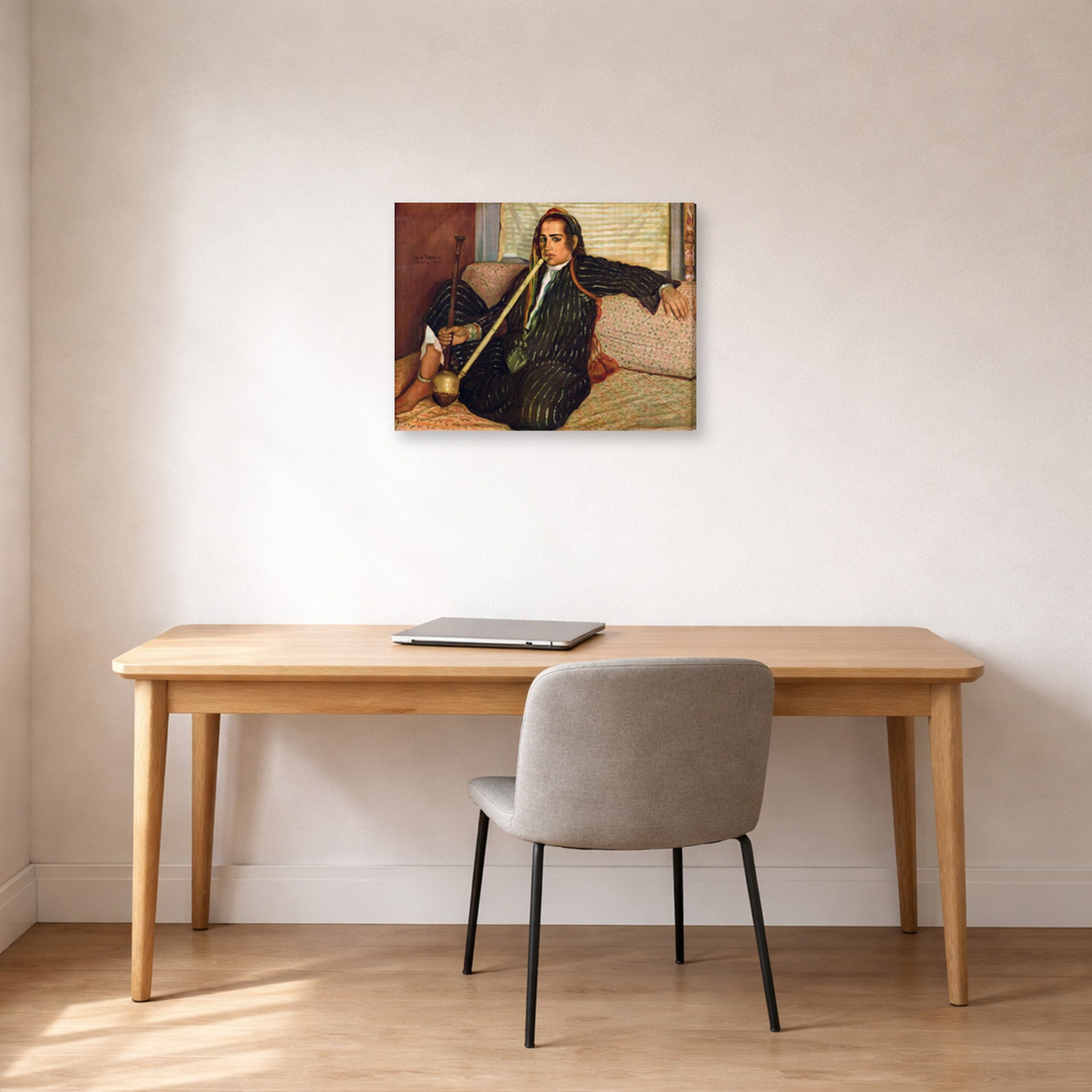 Gallery-wrapped canvas print of Vincent van Gogh's Smoking Hashish displayed on a wall in a home office