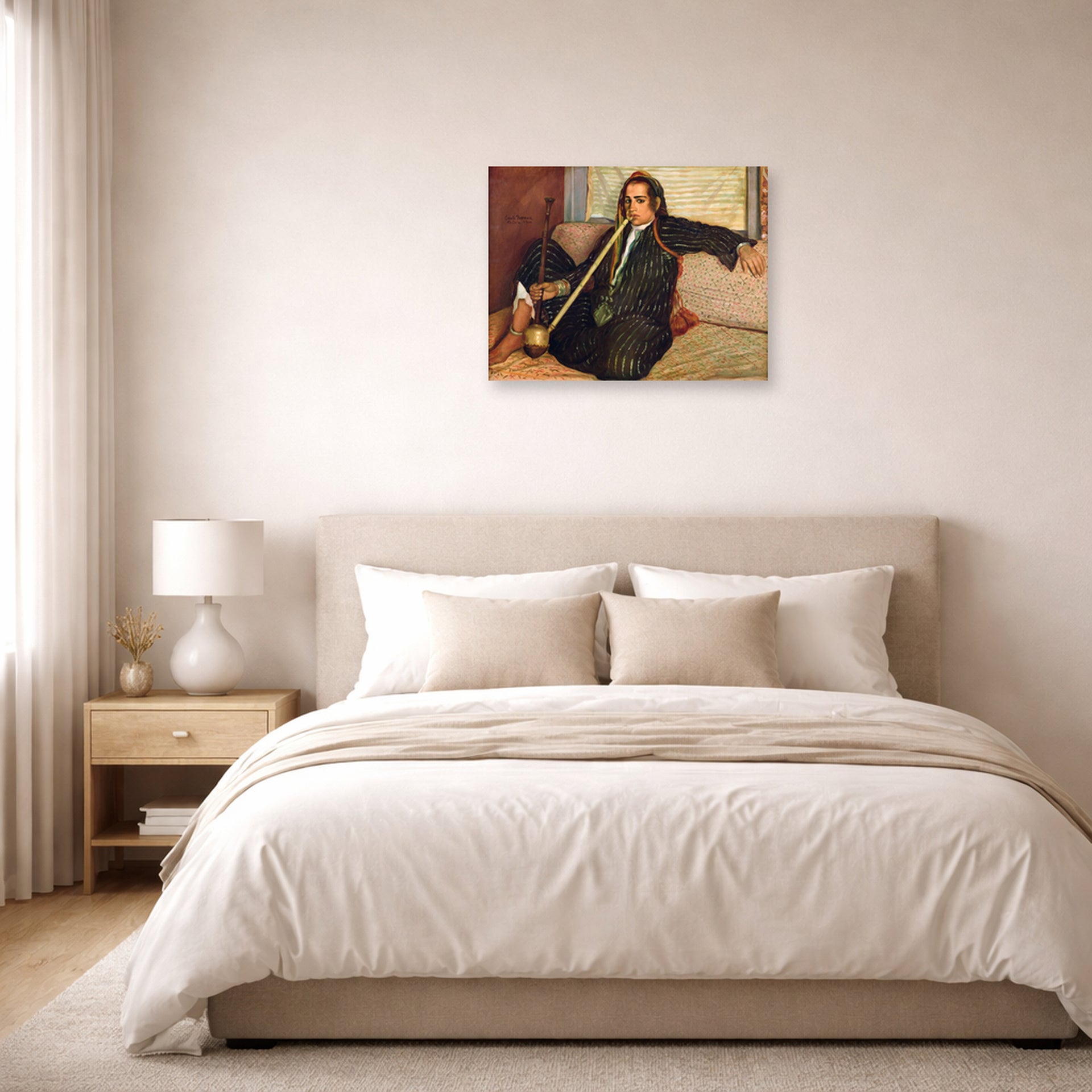 Unframed poster print of Vincent van Gogh's Smoking Hashish displayed on a wall in a bedroom