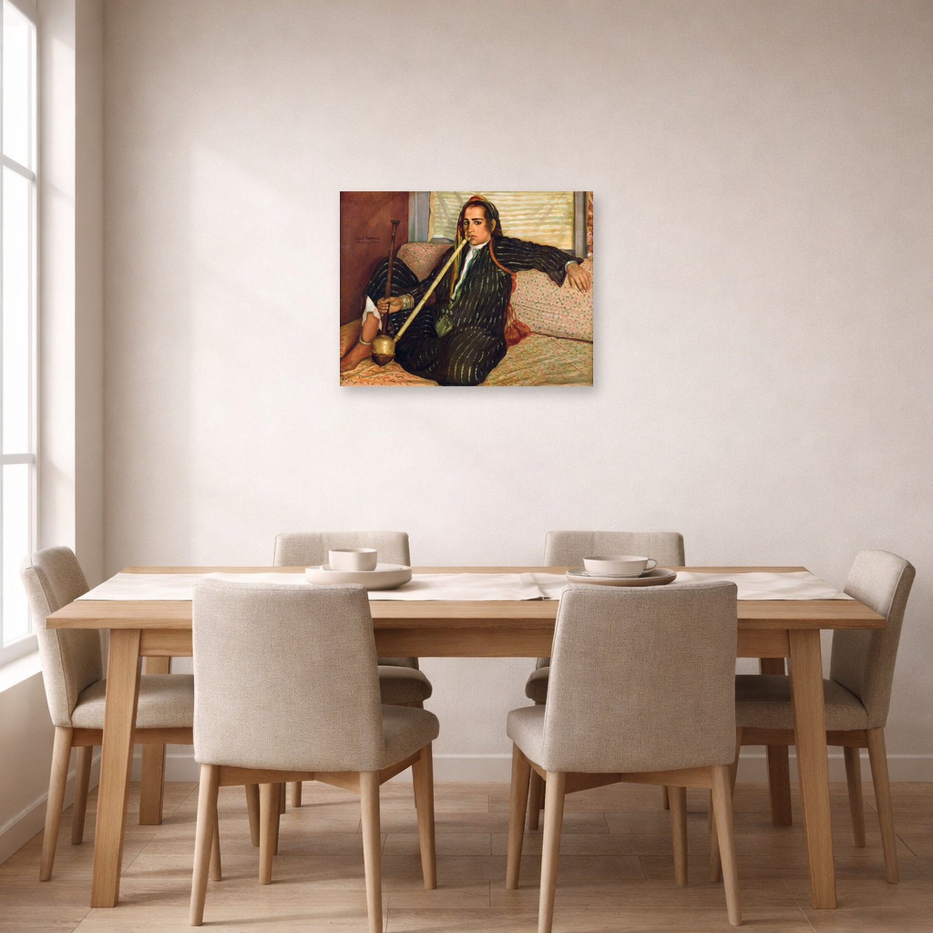 Unframed poster print of Vincent van Gogh's Smoking Hashish displayed on a wall in a dining room
