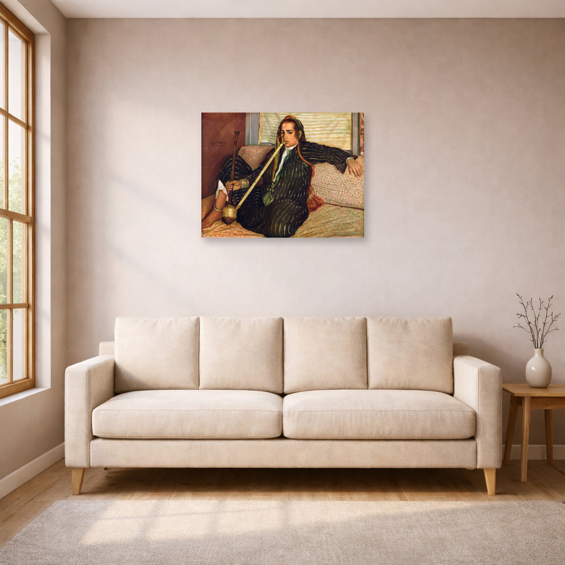 Unframed poster print of Vincent van Gogh's Smoking Hashish displayed on a wall in a living room