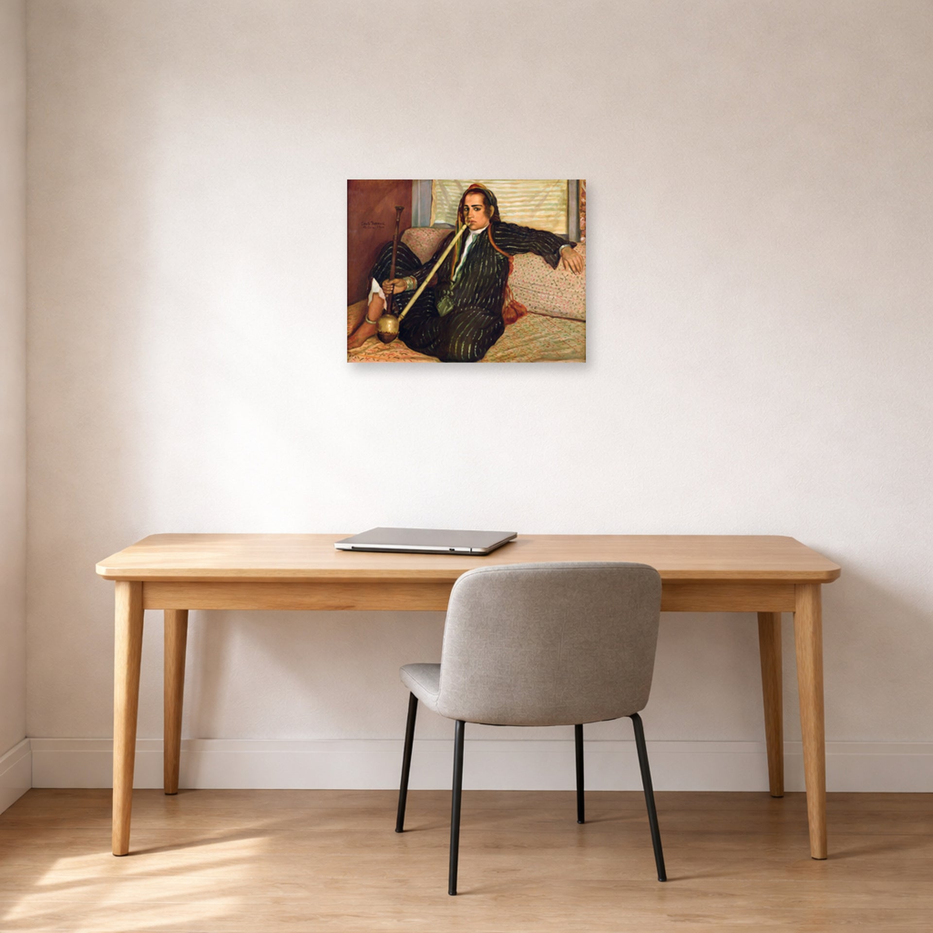 Unframed poster print of Vincent van Gogh's Smoking Hashish displayed on a wall in a home office