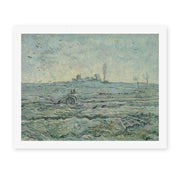 Vincent van Gogh's 'Snow Covered Field with a Harrow (after Millet)' painting reproduced as a rolled canvas print