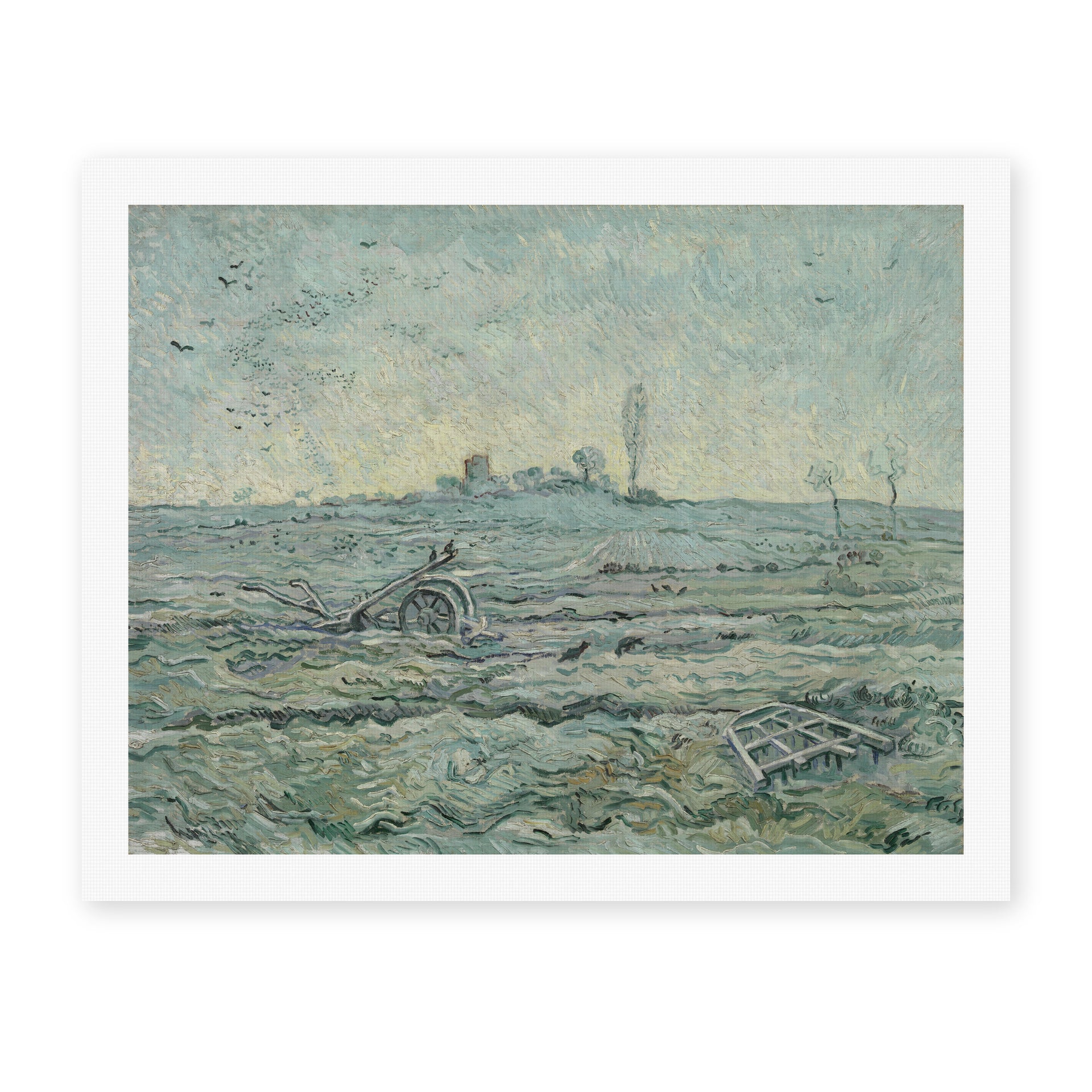 Vincent van Gogh's 'Snow Covered Field with a Harrow (after Millet)' painting reproduced as a rolled canvas print