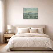 Gallery-wrapped canvas print of Vincent van Gogh's Snow Covered Field with a Harrow (after Millet) displayed on a wall in a bedroom