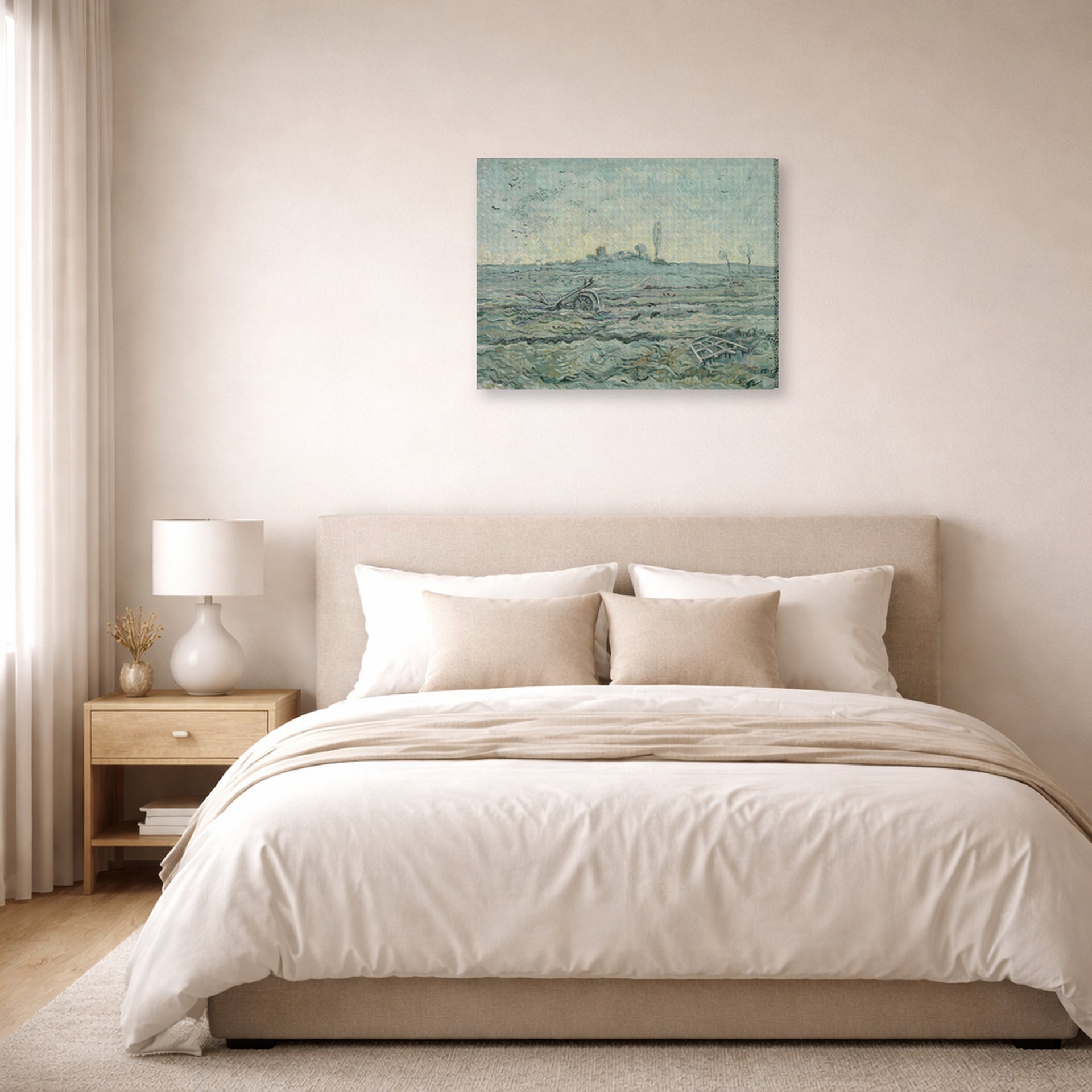 Gallery-wrapped canvas print of Vincent van Gogh's Snow Covered Field with a Harrow (after Millet) displayed on a wall in a bedroom