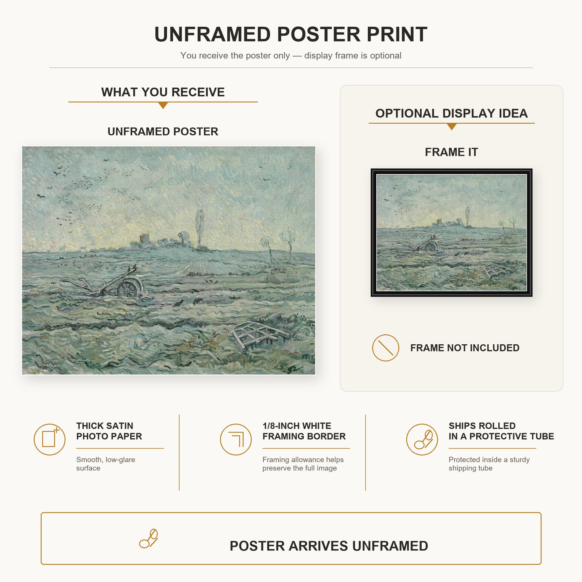 Vincent van Gogh - Snow Covered Field with a Harrow (after Millet) poster print size comparison and framing display infographic
