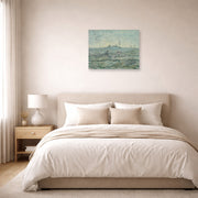 Unframed poster print of Vincent van Gogh's Snow Covered Field with a Harrow (after Millet) displayed on a wall in a bedroom