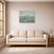 Unframed poster print of Vincent van Gogh's Snow Covered Field with a Harrow (after Millet) displayed on a wall in a living room