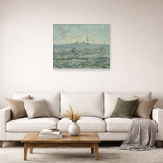 Unframed poster print of Vincent van Gogh's Snow Covered Field with a Harrow (after Millet) displayed on a wall in a living room