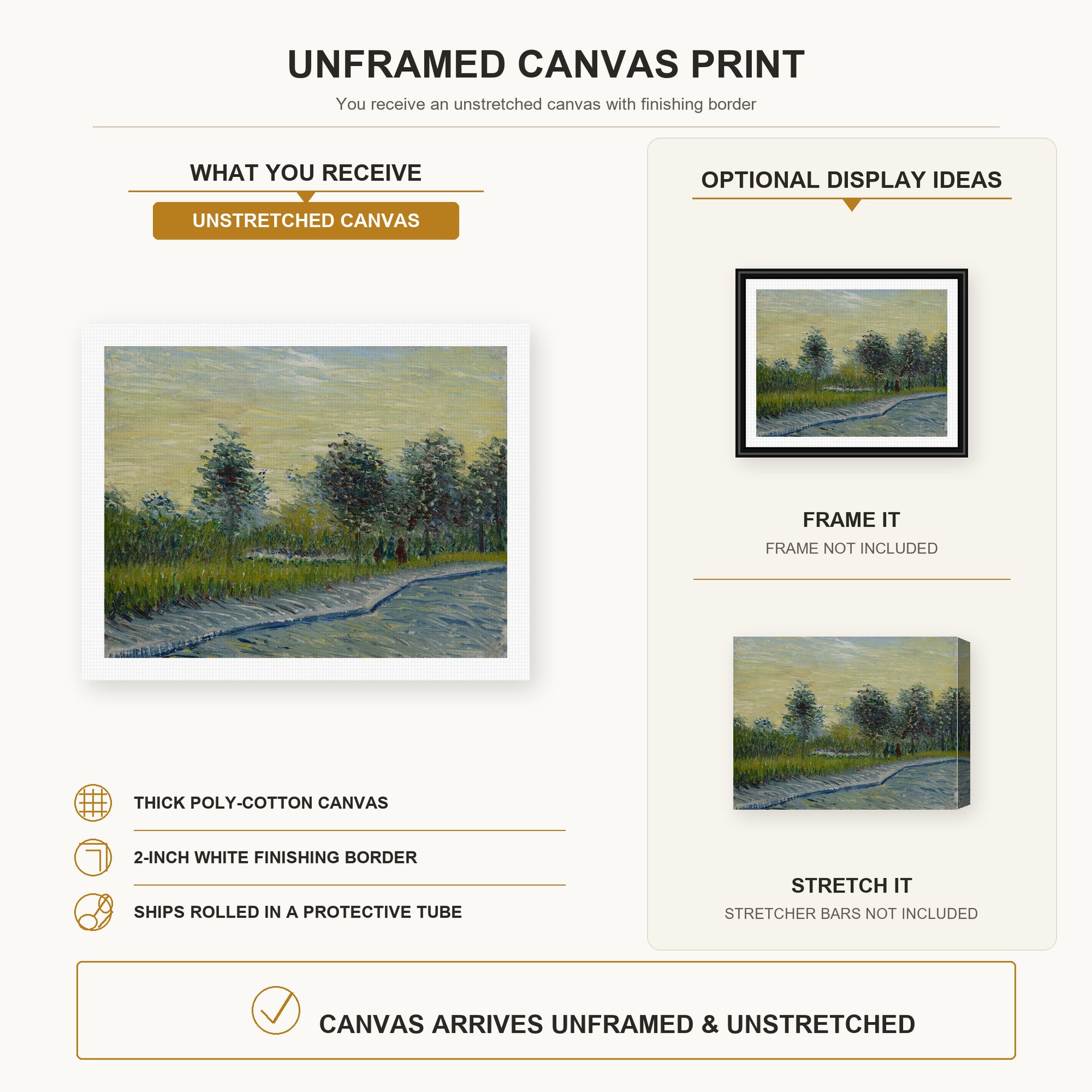 Vincent van Gogh - Square Saint Pierre at Sunset canvas print size comparison and framing display infographic