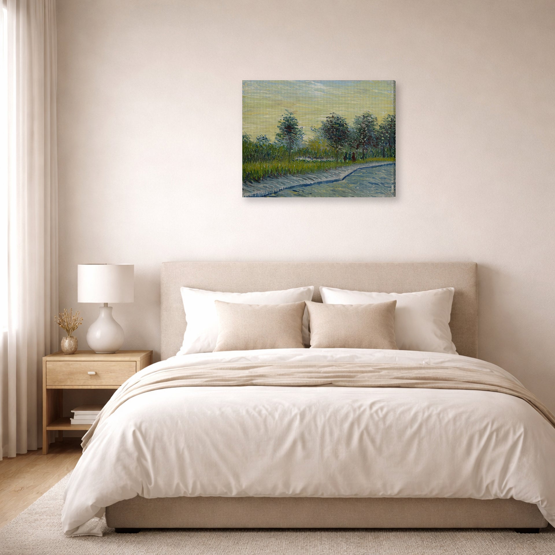 Gallery-wrapped canvas print of Vincent van Gogh's Square Saint Pierre at Sunset displayed on a wall in a bedroom