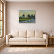 Gallery-wrapped canvas print of Vincent van Gogh's Square Saint Pierre at Sunset displayed on a wall in a living room