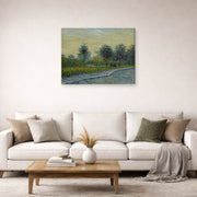 Gallery-wrapped canvas print of Vincent van Gogh's Square Saint Pierre at Sunset displayed on a wall in a living room