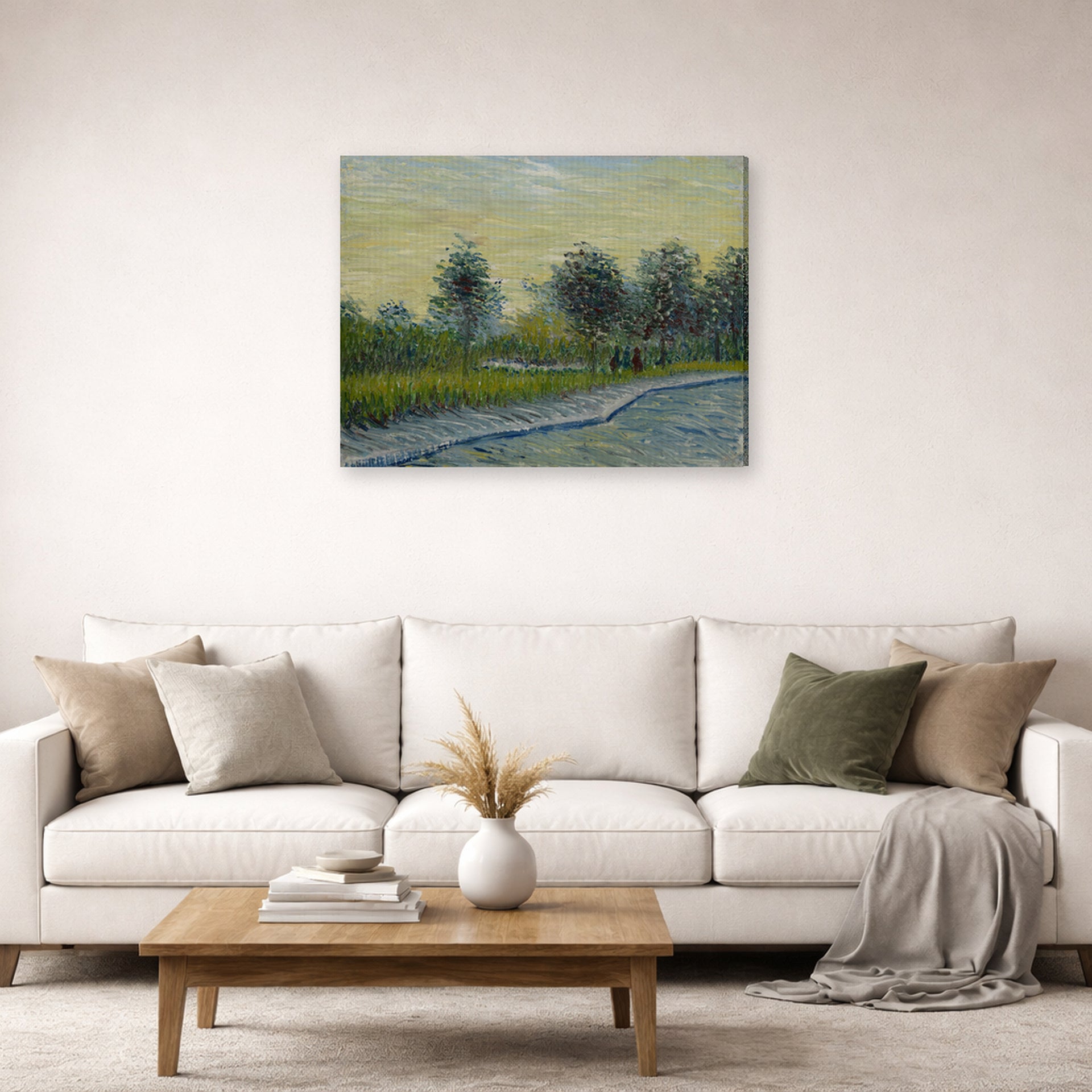 Gallery-wrapped canvas print of Vincent van Gogh's Square Saint Pierre at Sunset displayed on a wall in a living room