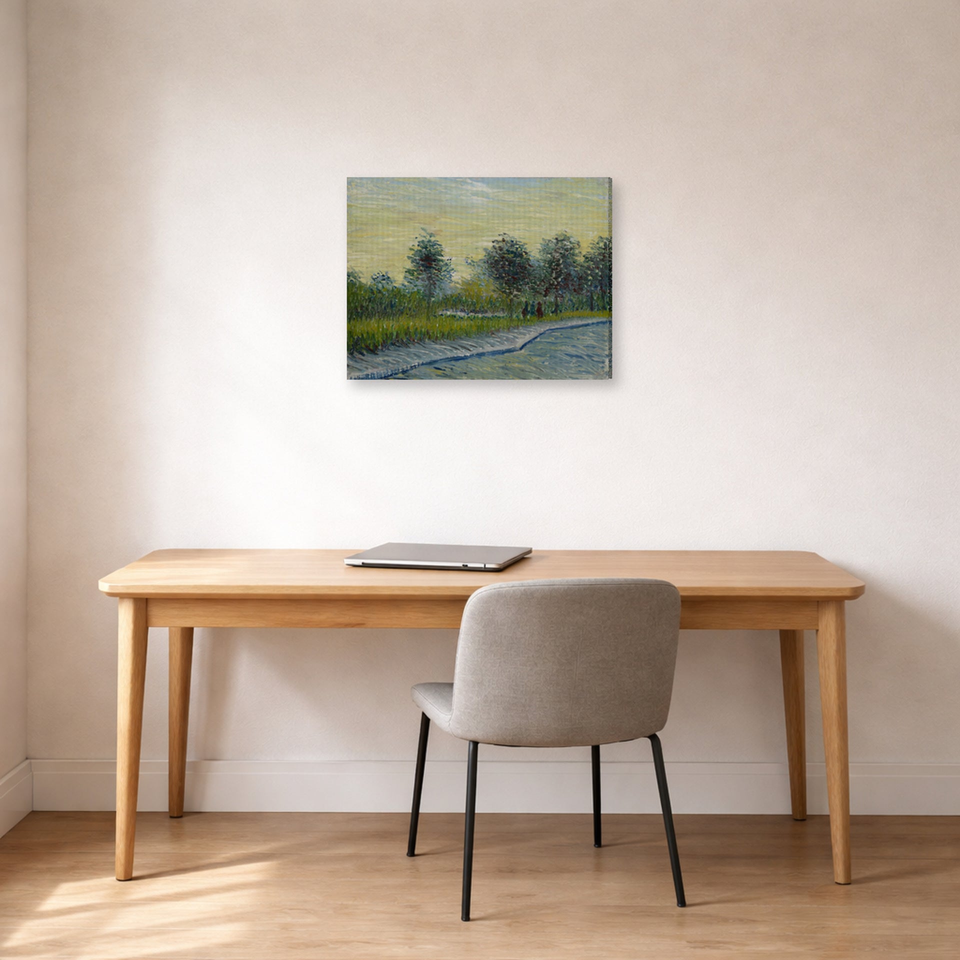 Gallery-wrapped canvas print of Vincent van Gogh's Square Saint Pierre at Sunset displayed on a wall in a home office