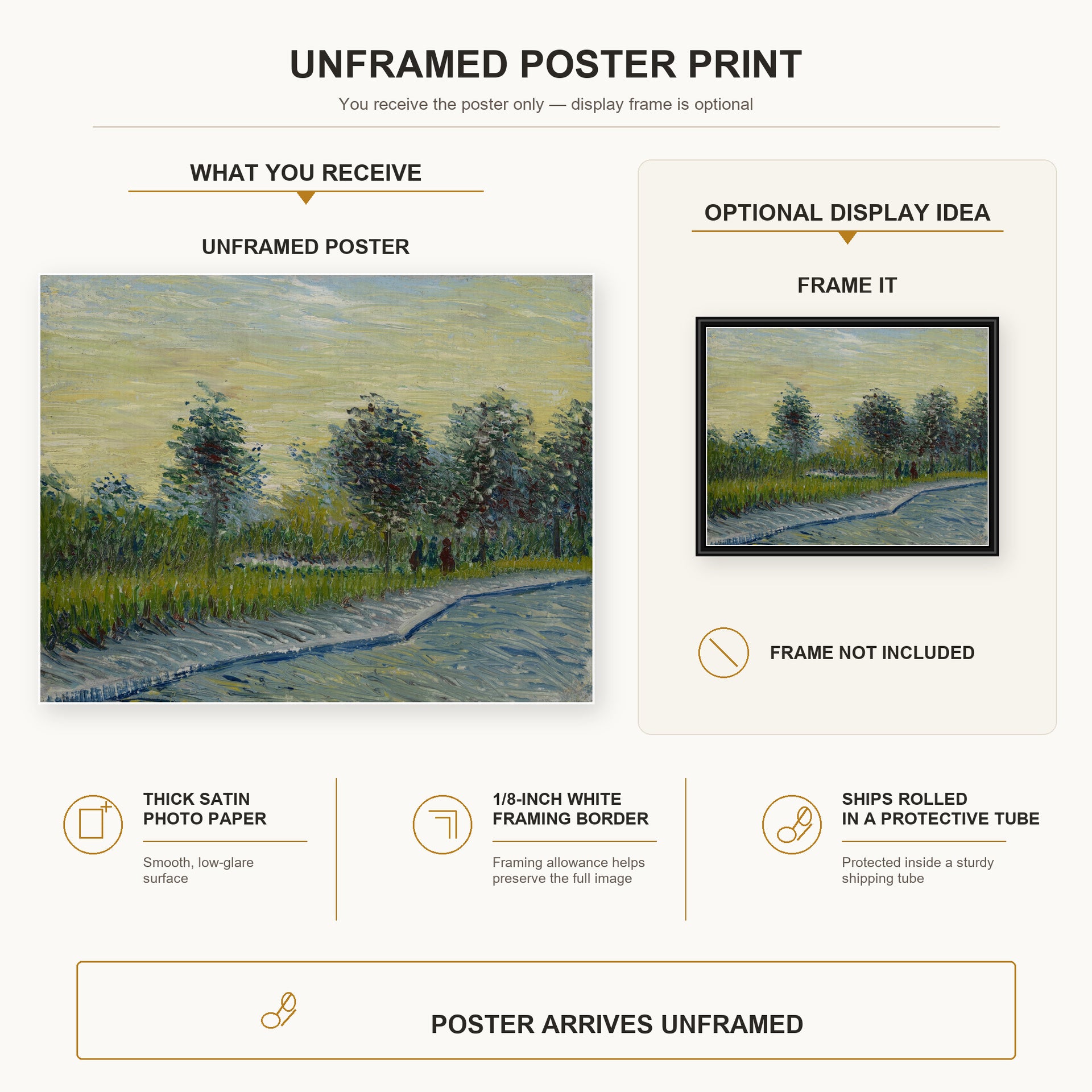 Vincent van Gogh - Square Saint Pierre at Sunset poster print size comparison and framing display infographic