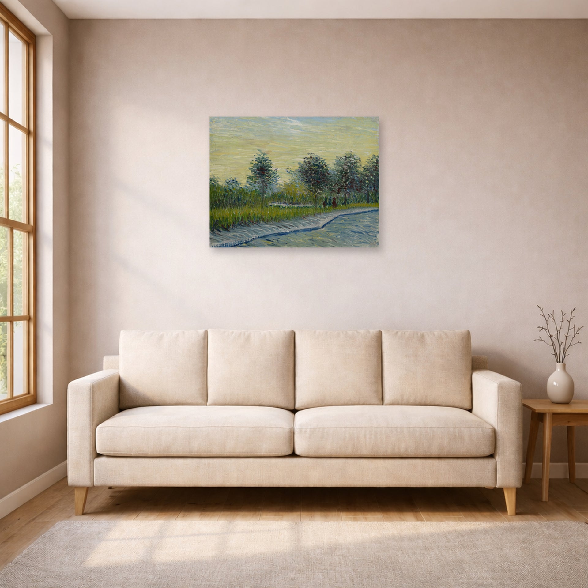 Unframed poster print of Vincent van Gogh's Square Saint Pierre at Sunset displayed on a wall in a living room