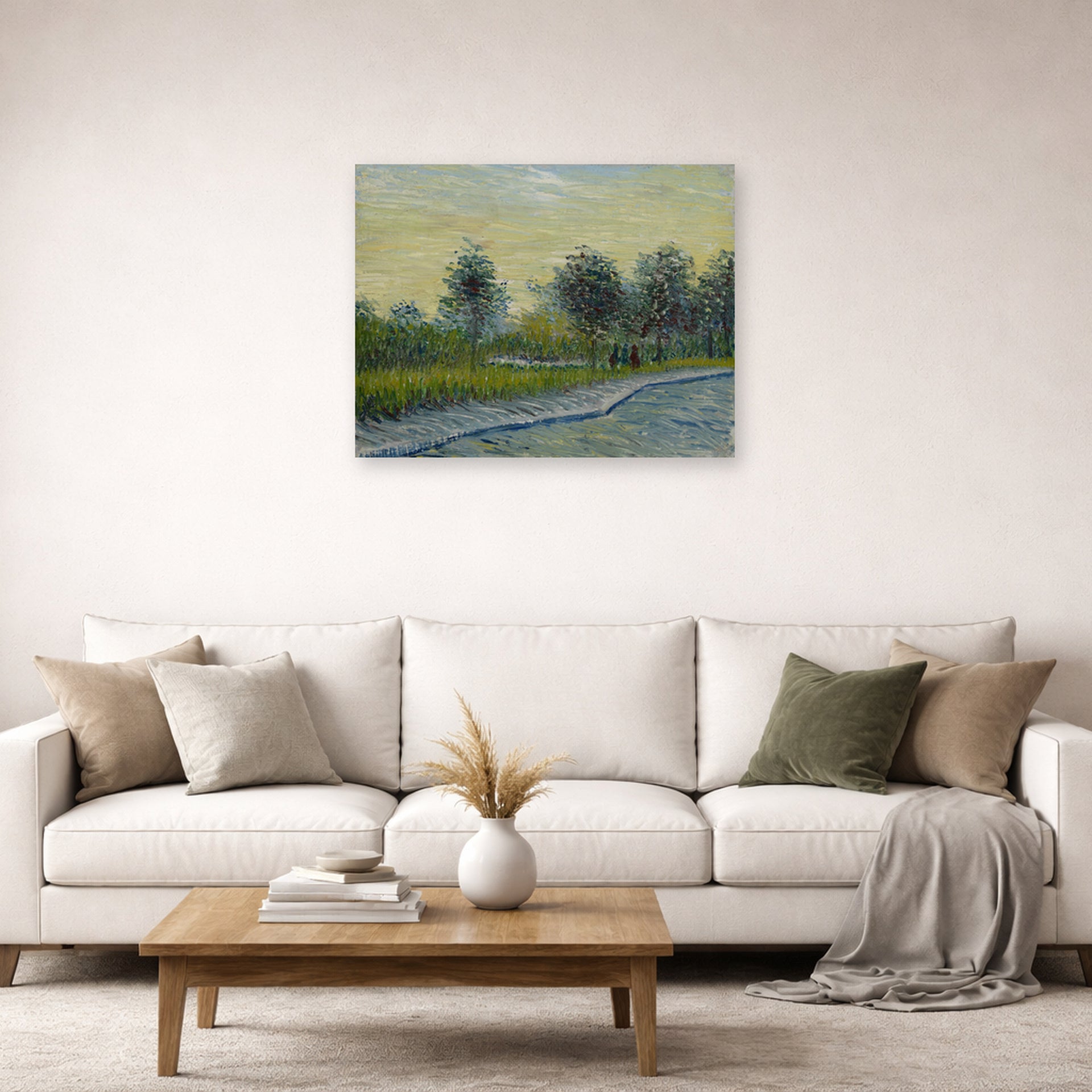 Unframed poster print of Vincent van Gogh's Square Saint Pierre at Sunset displayed on a wall in a living room