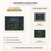 Vincent van Gogh - Starry Night canvas print size comparison and framing display infographic