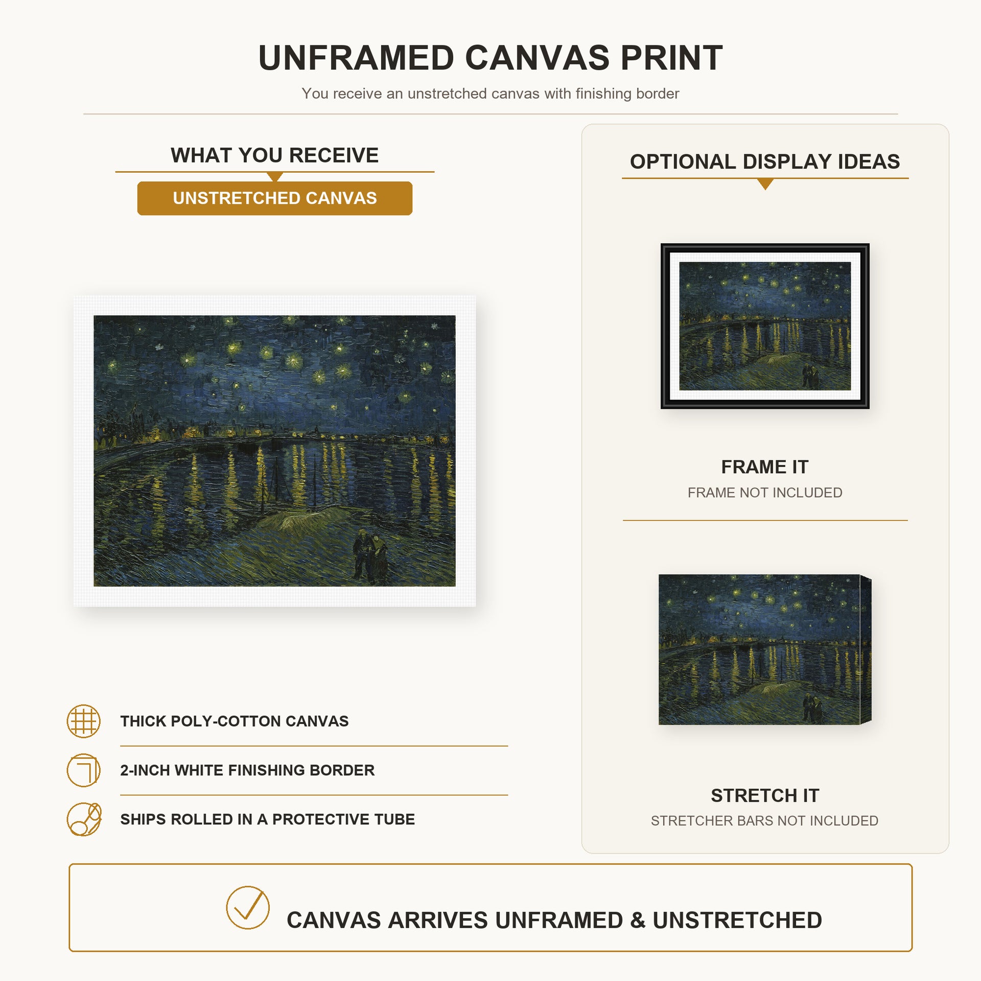Vincent van Gogh - Starry Night canvas print size comparison and framing display infographic