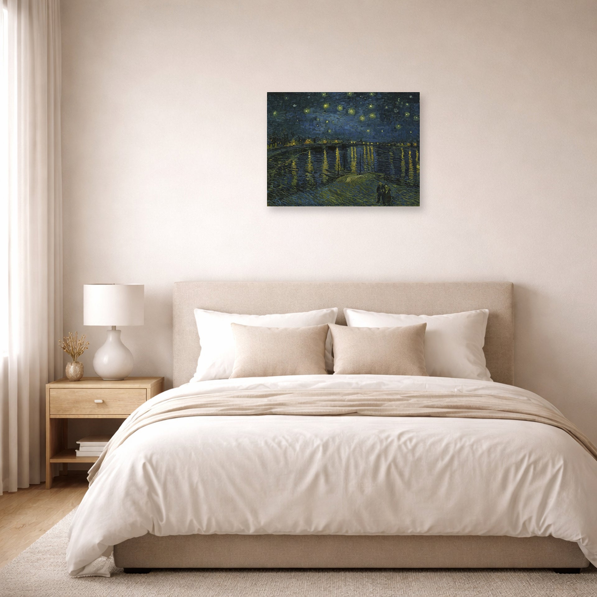 Unframed poster print of Vincent van Gogh's Starry Night displayed on a wall in a bedroom
