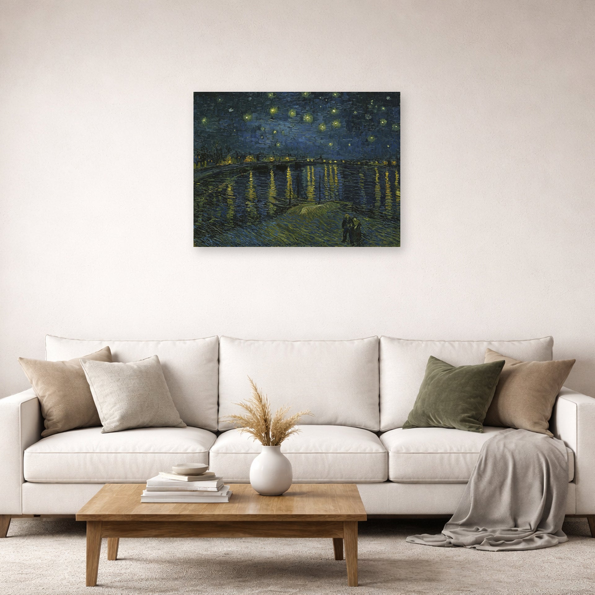 Unframed poster print of Vincent van Gogh's Starry Night displayed on a wall in a living room