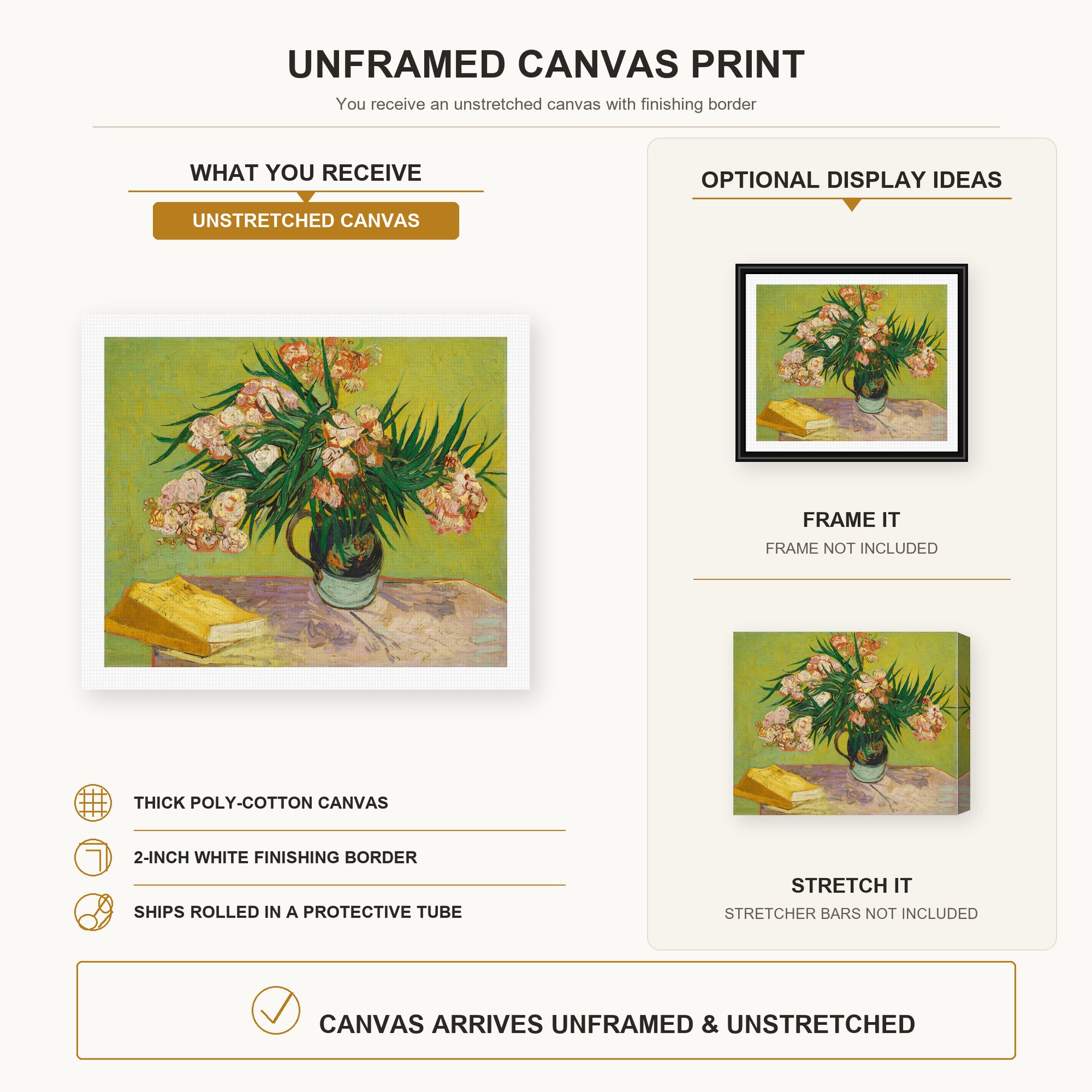 Vincent van Gogh - Still Life Vase with Oleanders and Books canvas print size comparison and framing display infographic