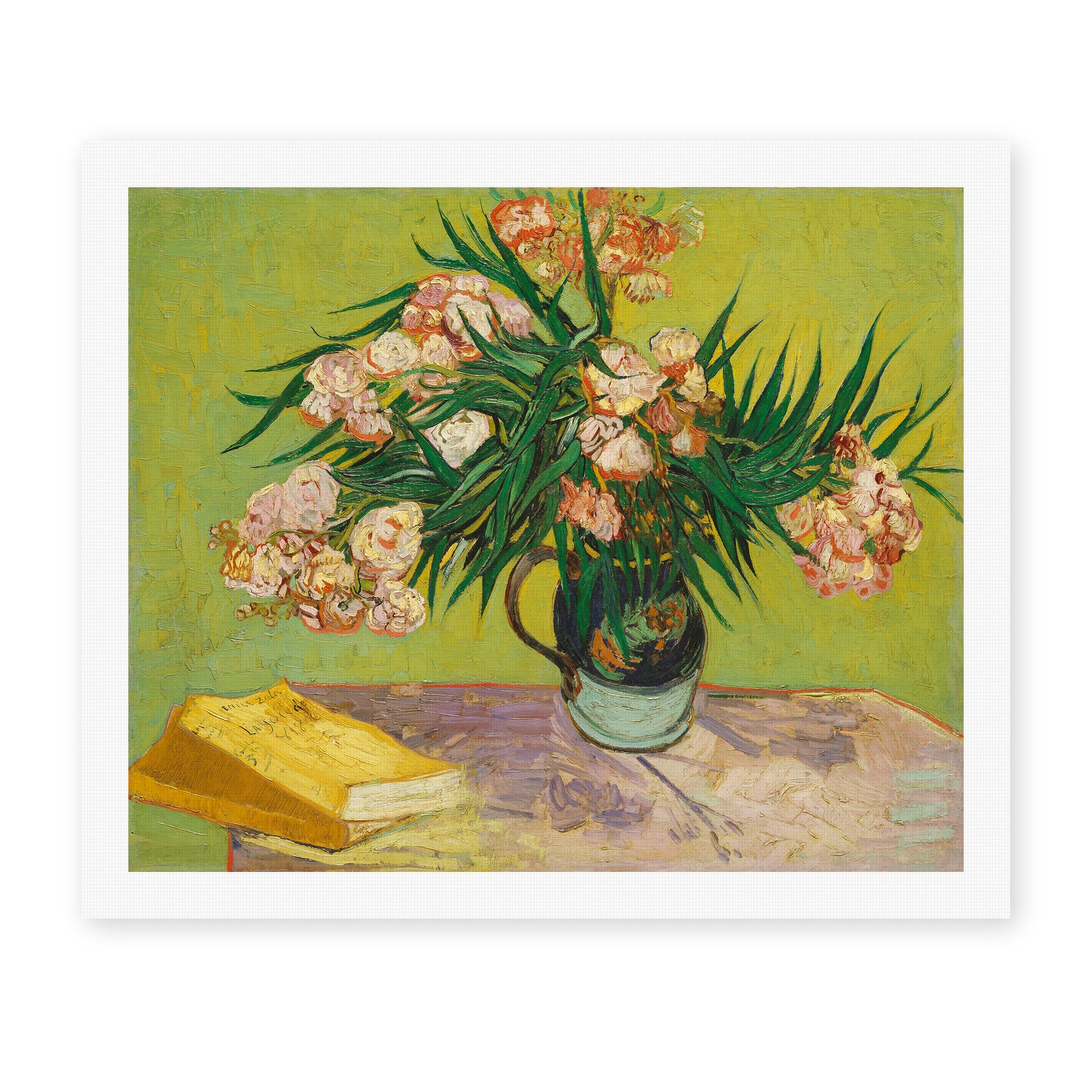 Vincent van Gogh's 'Still Life Vase with Oleanders and Books' painting reproduced as a rolled canvas print