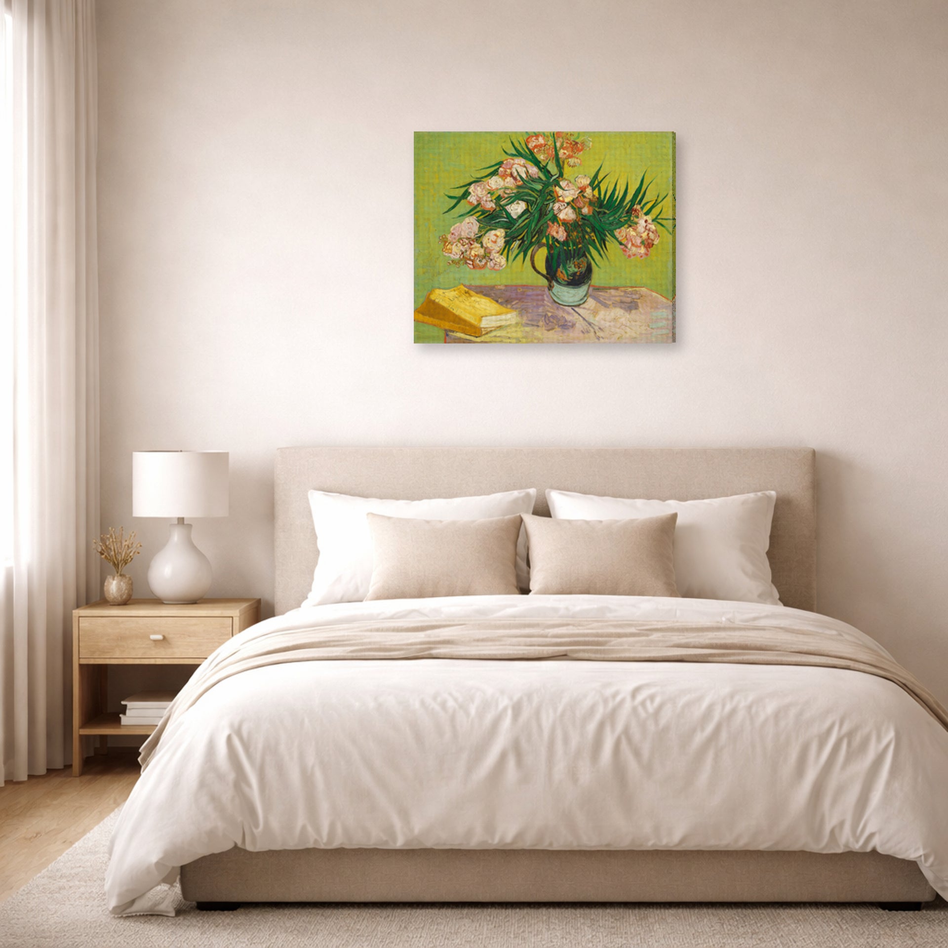 Gallery-wrapped canvas print of Vincent van Gogh's Still Life Vase with Oleanders and Books displayed on a wall in a bedroom