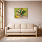 Gallery-wrapped canvas print of Vincent van Gogh's Still Life Vase with Oleanders and Books displayed on a wall in a living room