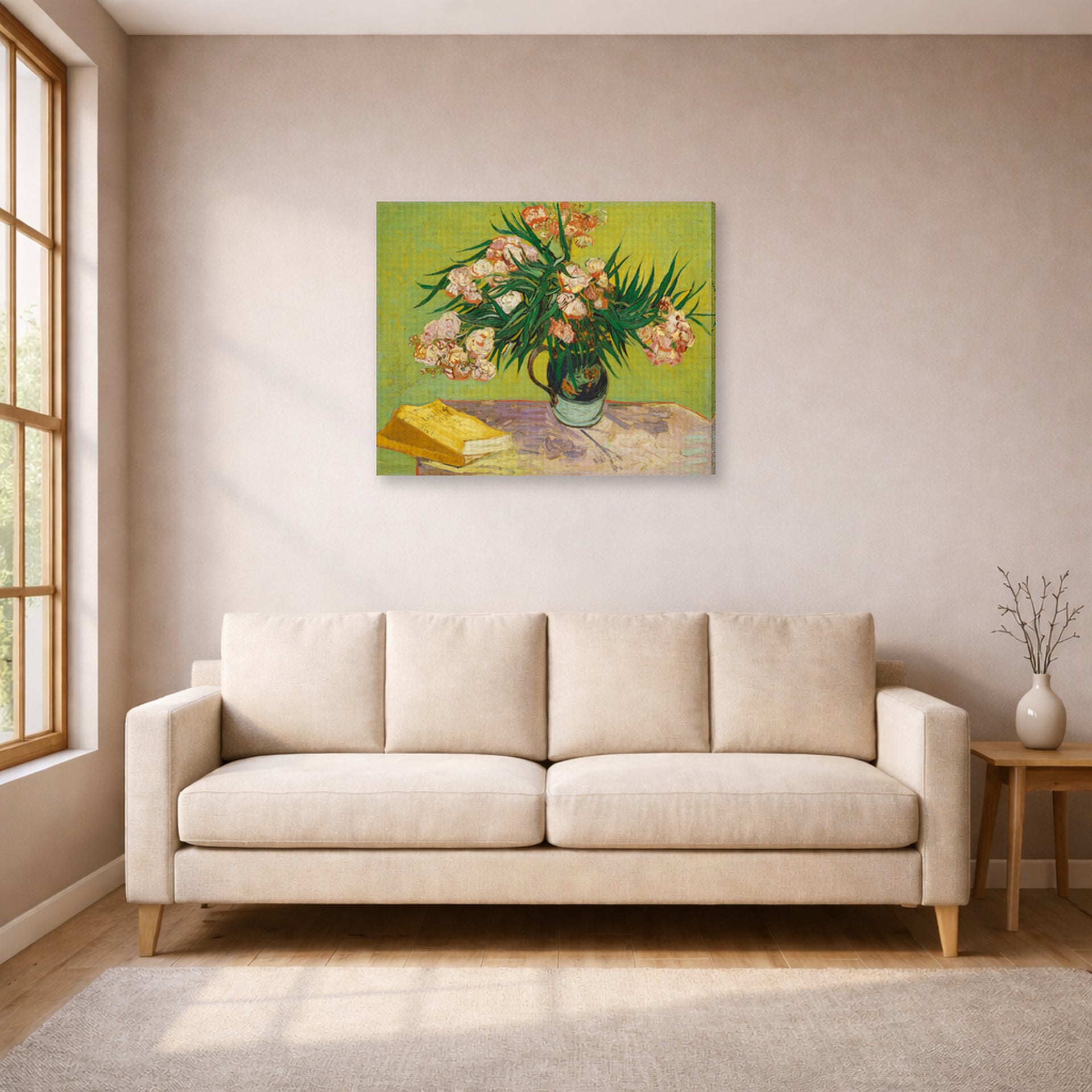 Gallery-wrapped canvas print of Vincent van Gogh's Still Life Vase with Oleanders and Books displayed on a wall in a living room
