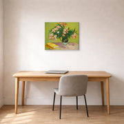 Gallery-wrapped canvas print of Vincent van Gogh's Still Life Vase with Oleanders and Books displayed on a wall in a home office