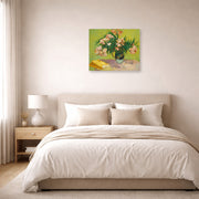 Unframed poster print of Vincent van Gogh's Still Life Vase with Oleanders and Books displayed on a wall in a bedroom