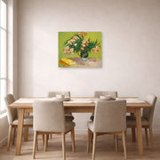 Unframed poster print of Vincent van Gogh's Still Life Vase with Oleanders and Books displayed on a wall in a dining room