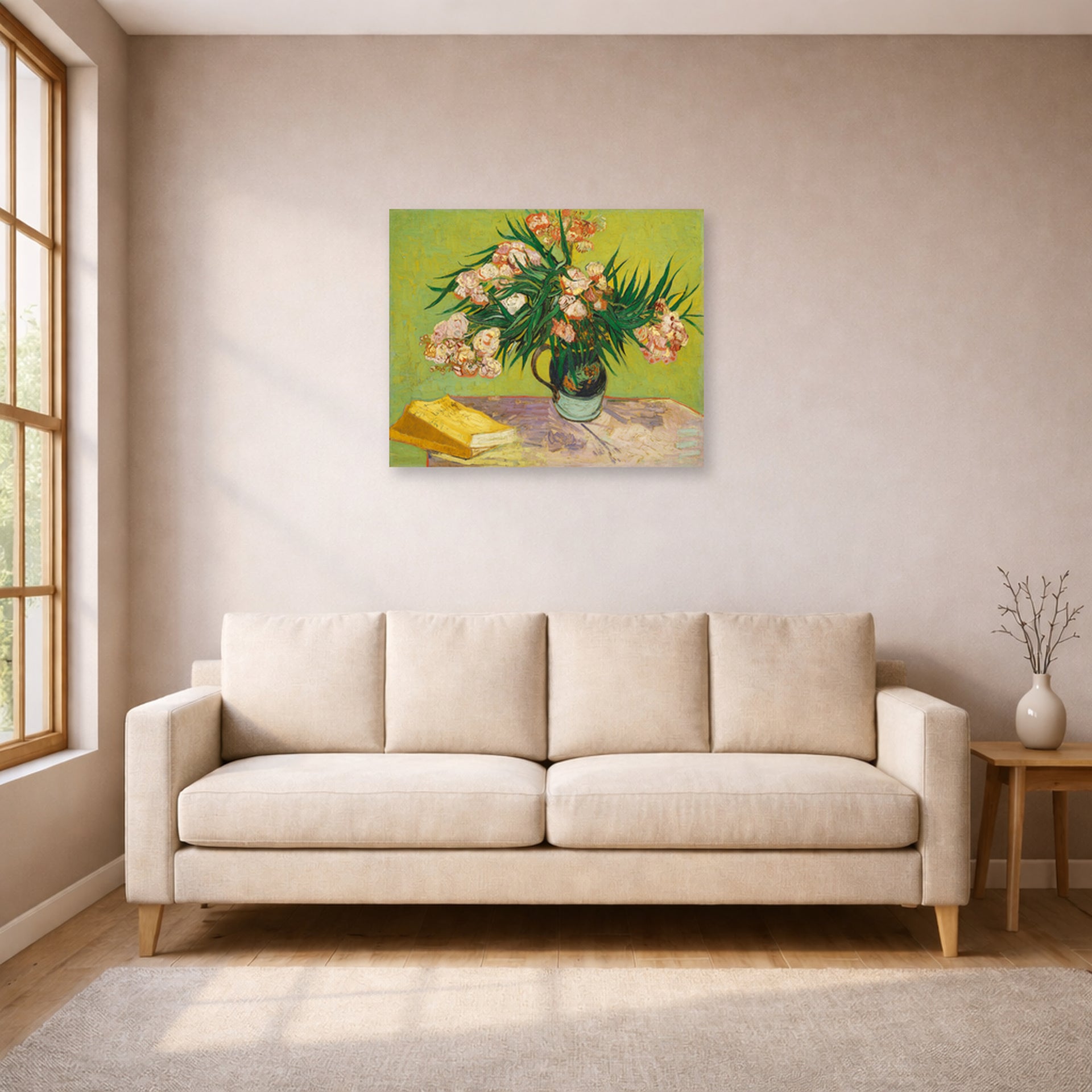 Unframed poster print of Vincent van Gogh's Still Life Vase with Oleanders and Books displayed on a wall in a living room