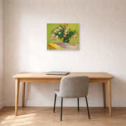 Unframed poster print of Vincent van Gogh's Still Life Vase with Oleanders and Books displayed on a wall in a home office