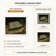 Vincent van Gogh - Still Life with Bible canvas print size comparison and framing display infographic