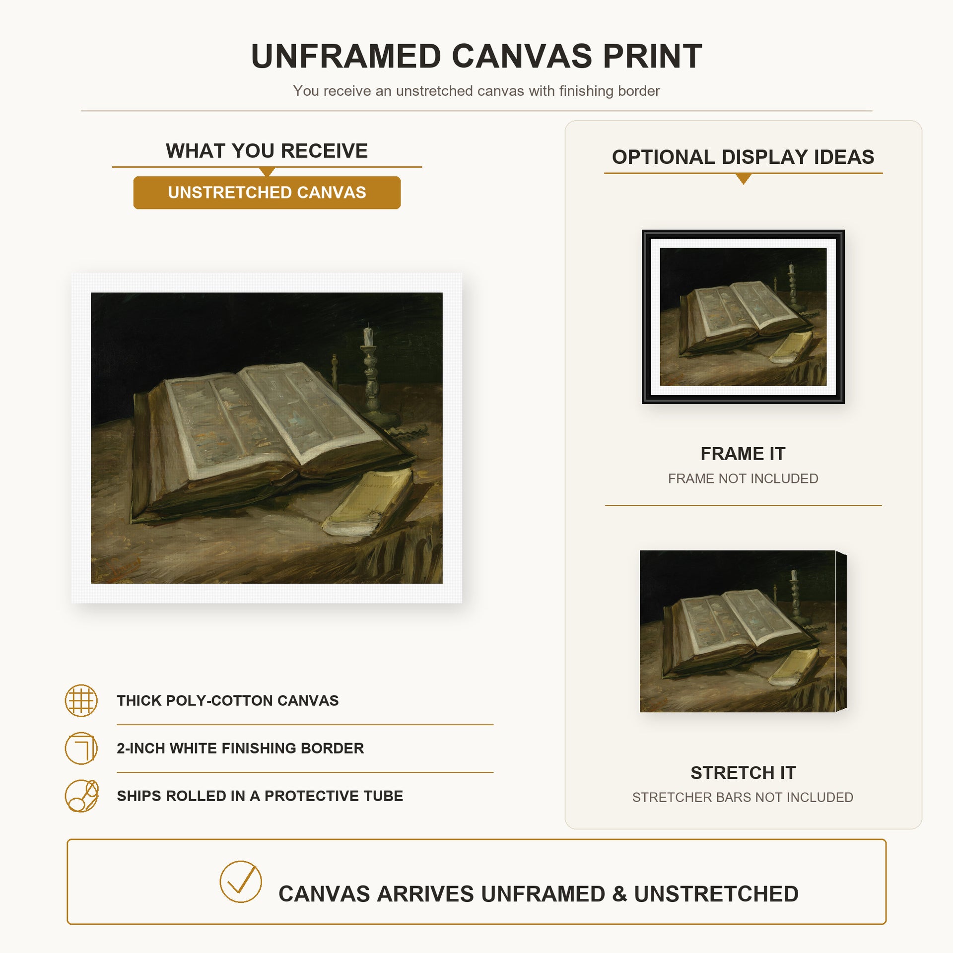 Vincent van Gogh - Still Life with Bible canvas print size comparison and framing display infographic