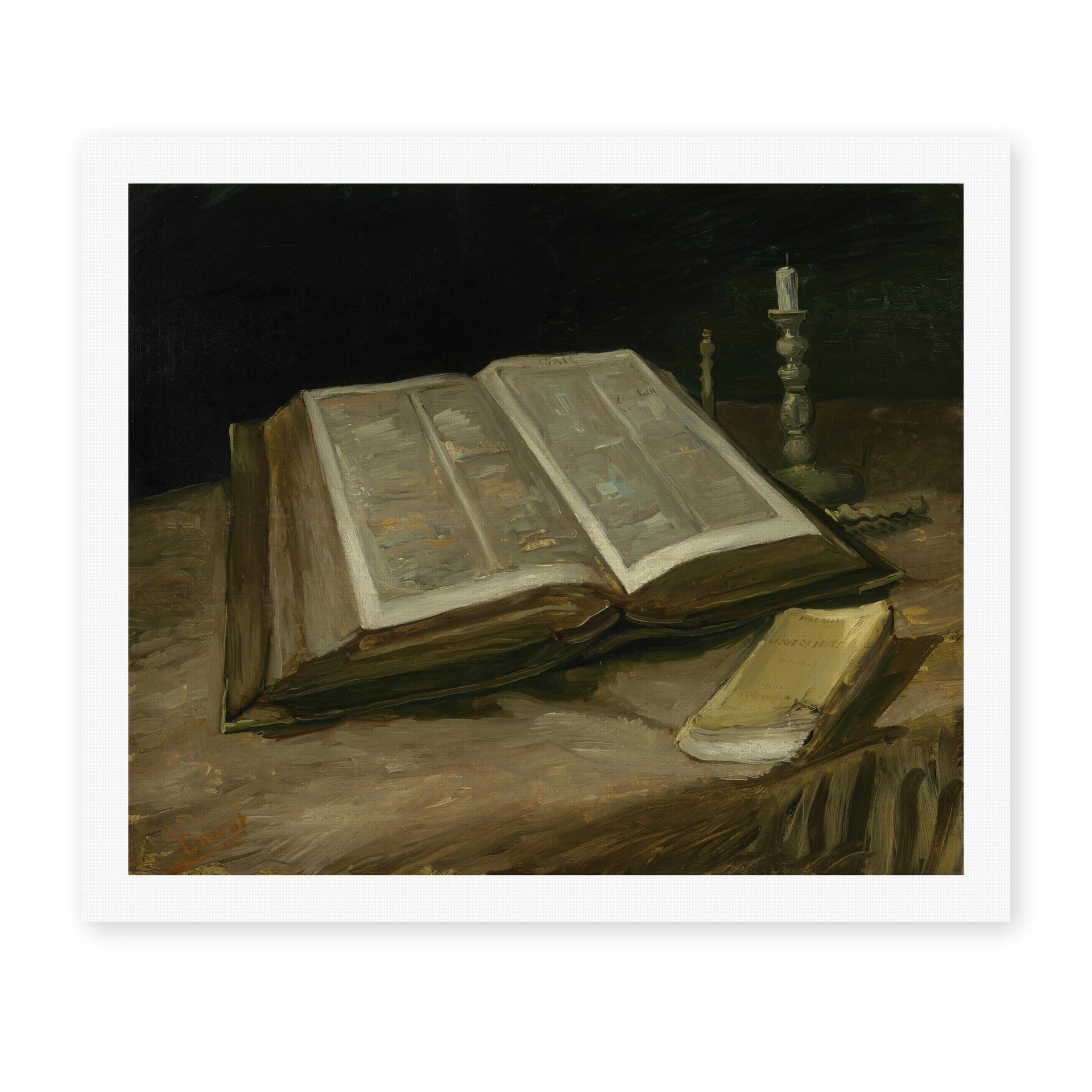 Vincent van Gogh's 'Still Life with Bible' painting reproduced as a rolled canvas print