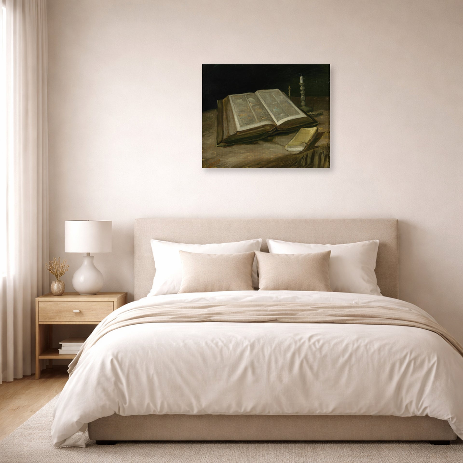 Gallery-wrapped canvas print of Vincent van Gogh's Still Life with Bible displayed on a wall in a bedroom
