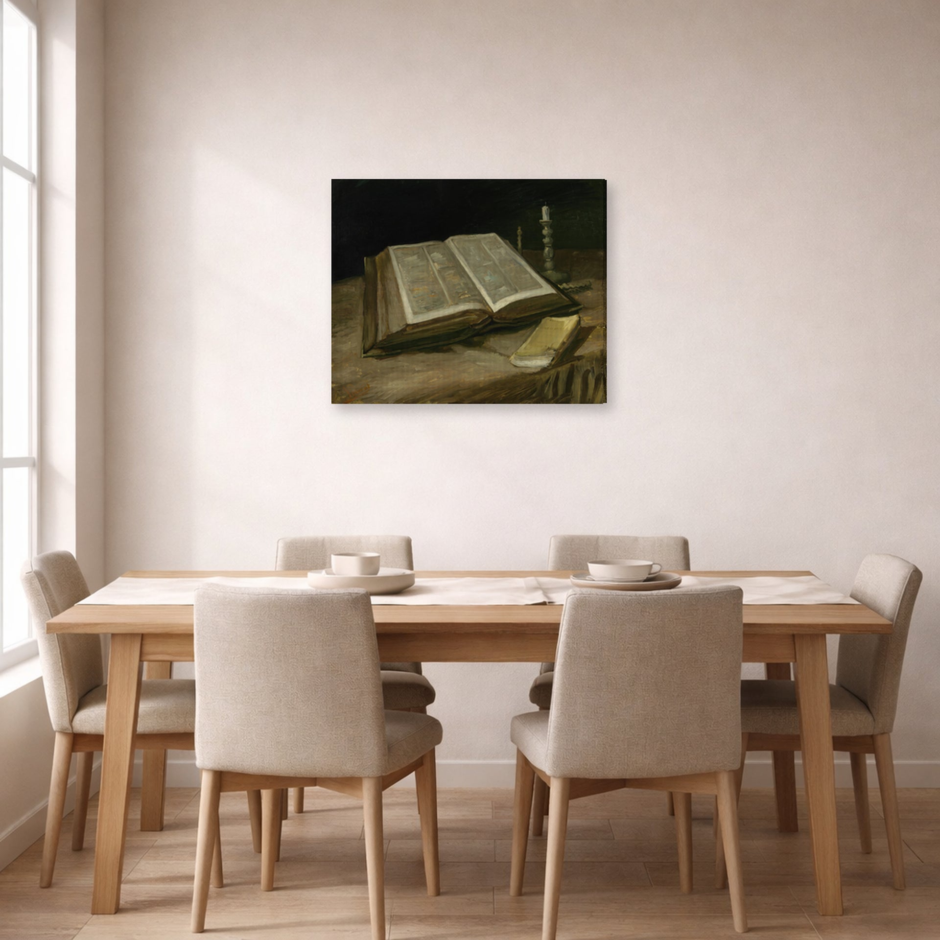 Gallery-wrapped canvas print of Vincent van Gogh's Still Life with Bible displayed on a wall in a dining room