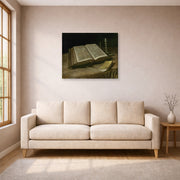 Gallery-wrapped canvas print of Vincent van Gogh's Still Life with Bible displayed on a wall in a living room