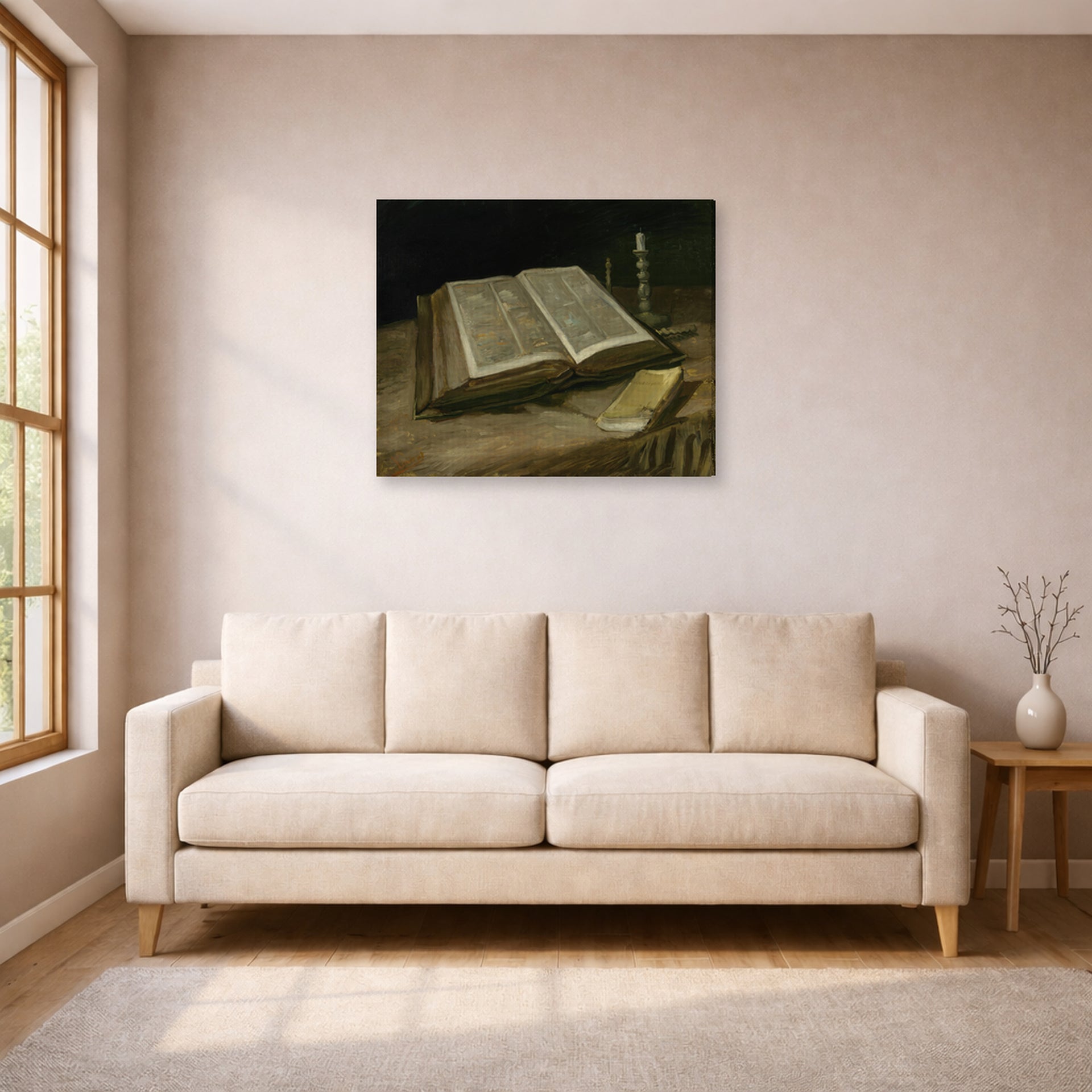 Gallery-wrapped canvas print of Vincent van Gogh's Still Life with Bible displayed on a wall in a living room