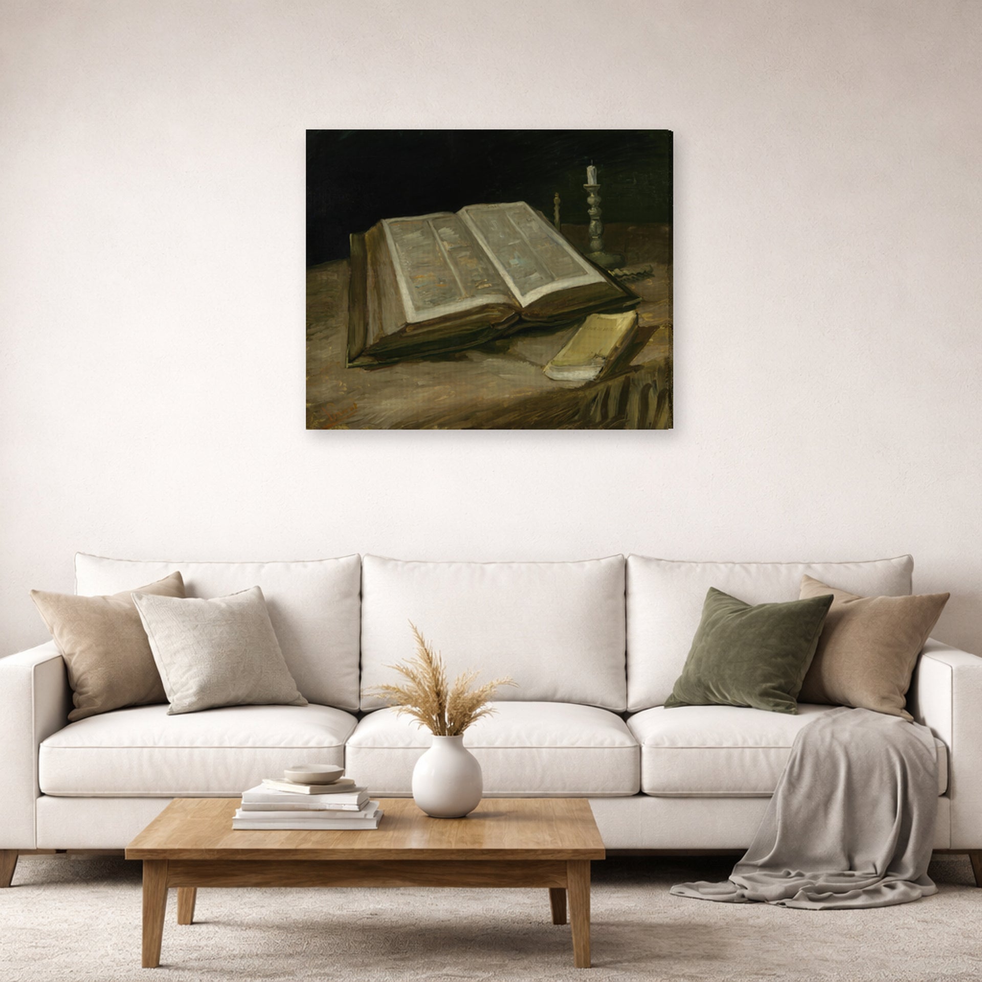 Gallery-wrapped canvas print of Vincent van Gogh's Still Life with Bible displayed on a wall in a living room
